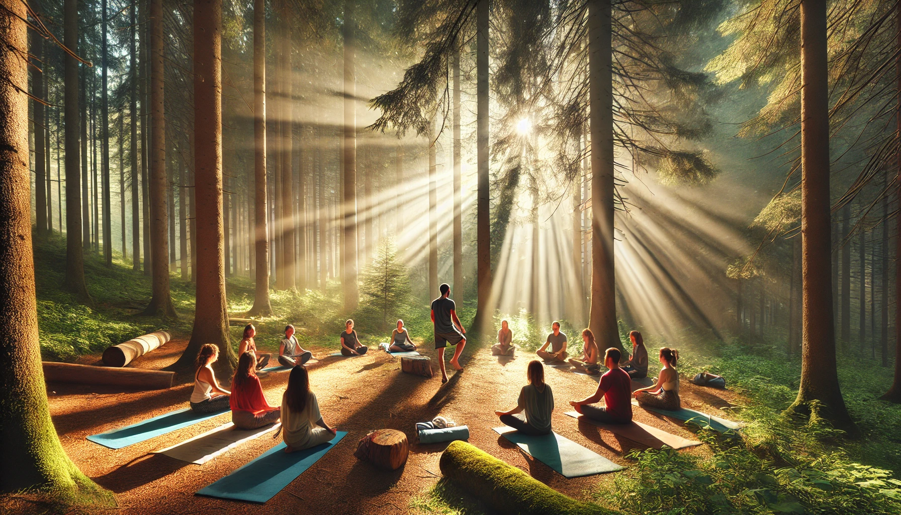DALL·E 2025 03 03 20.59.15 A peaceful yoga retreat in a forest clearing where a small group of practitioners is engaged in a mindful yoga session. Sunlight filters through the Online Yoga Life